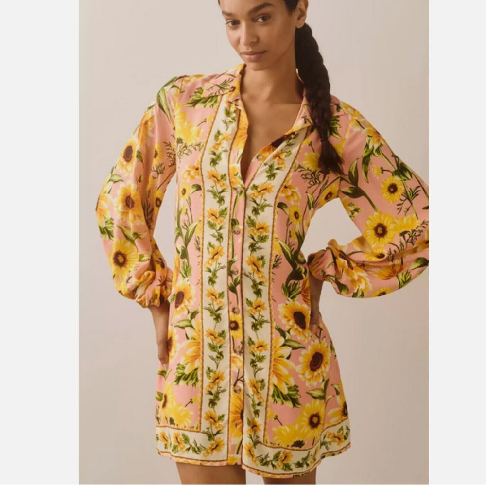 Farm Rio x Anthropologie Long-Sleeve Button-Front Mini Dress size S NWT Small